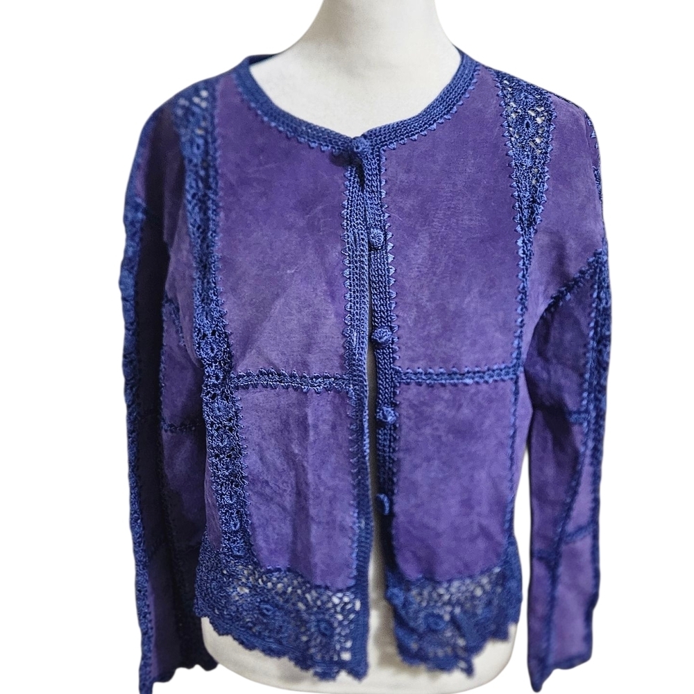 Vintage SMH Genuine Suede Leather and Crochet Boho Blazer Jacket.Purple/Blue.SM